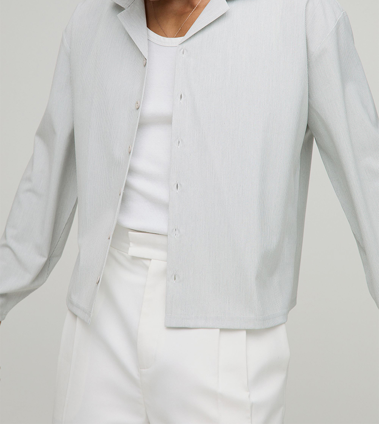 Boxy Fit Revere Seersucker Striped Long Sleeves Oversized Shirt