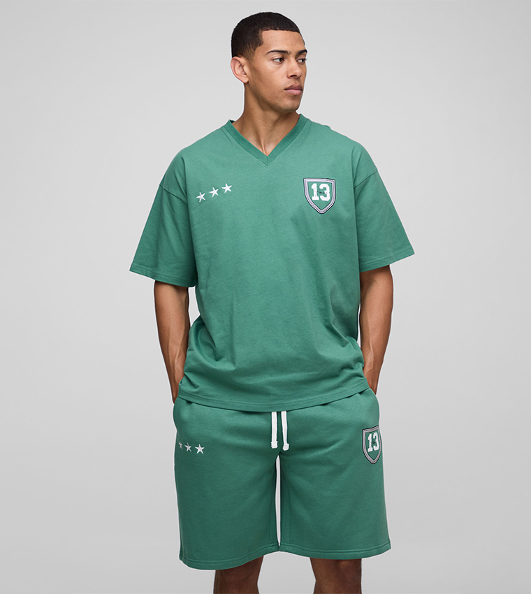 Ofcl Varsity V-Neck Oversized T-Shirt & Shorts Set