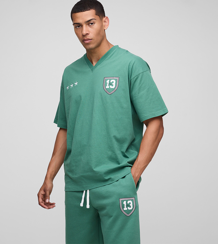 Ofcl Varsity V-Neck Oversized T-Shirt & Shorts Set