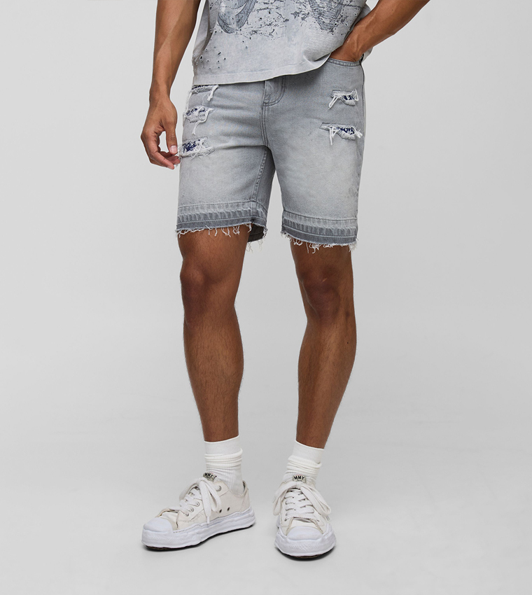 Buy BoohooMAN Slim Rigid Bandana Rip Repair Denim Shorts In Grey