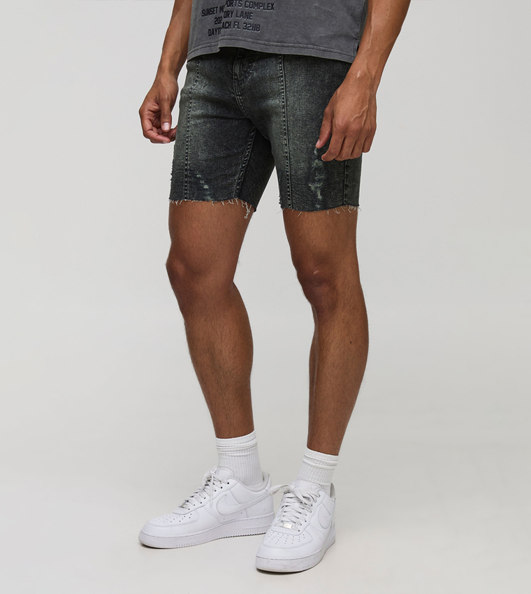 Buy BoohooMAN Skinny Stretch Ripped Pintuck Tinted Denim Shorts In