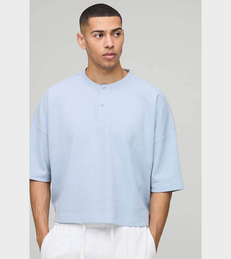 Boxy Cropped Waffle Henley Neck Oversized T-Shirt