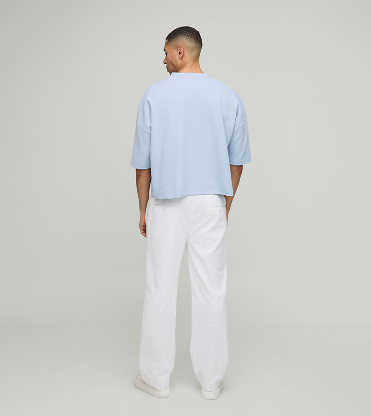 Boxy Cropped Waffle Henley Neck Oversized T-Shirt