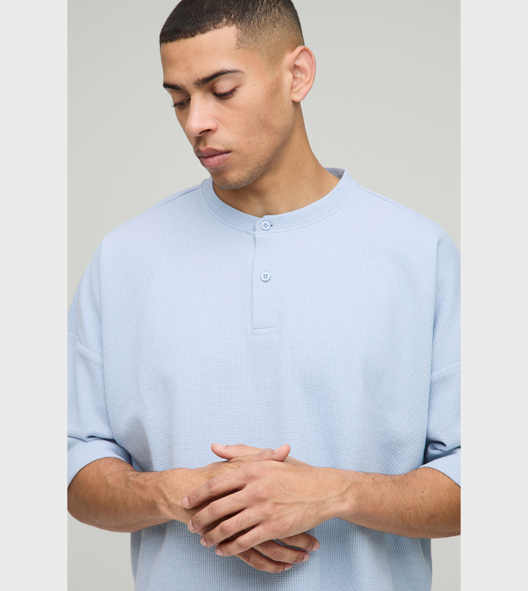 Boxy Cropped Waffle Henley Neck Oversized T-Shirt