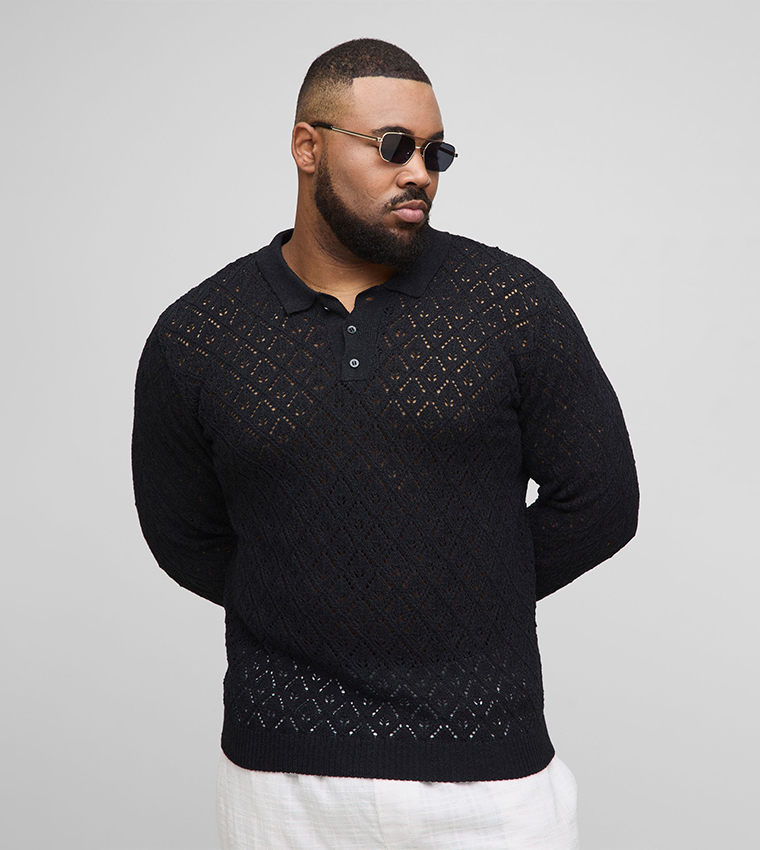Crochet Long Sleeves Oversized Polo T-Shirt