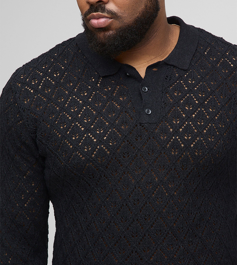 Crochet Long Sleeves Oversized Polo T-Shirt