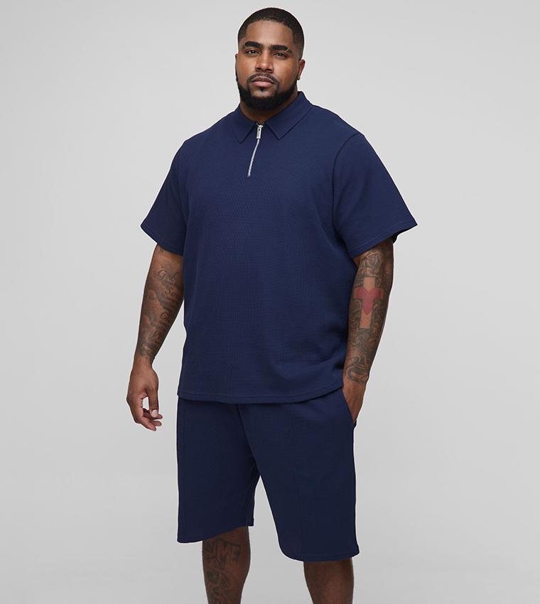 Plus & Tall Regular Fit Waffle Polo T-Shirt & Shorts Set