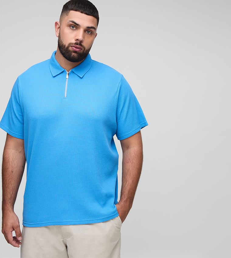 Waffle Short Sleeves Zip Polo T-Shirt