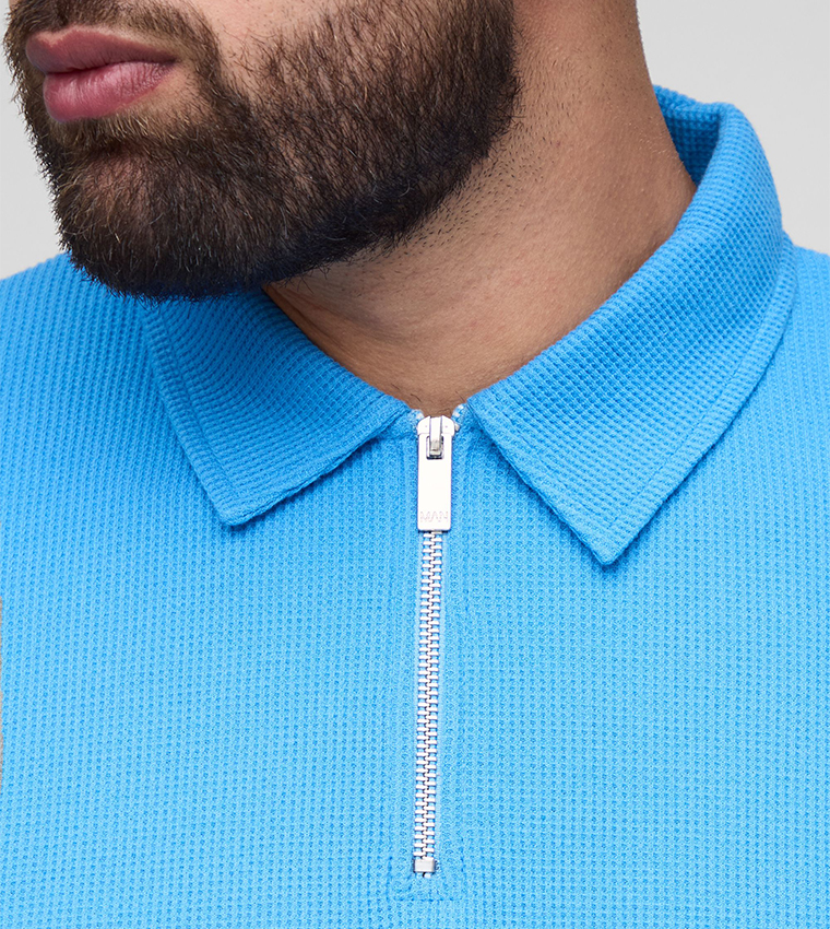 Waffle Short Sleeves Zip Polo T-Shirt