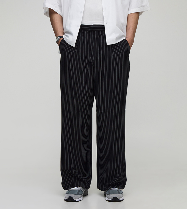 Buy BoohooMAN Wide Leg Pinstripe Tailored Trousers In Black