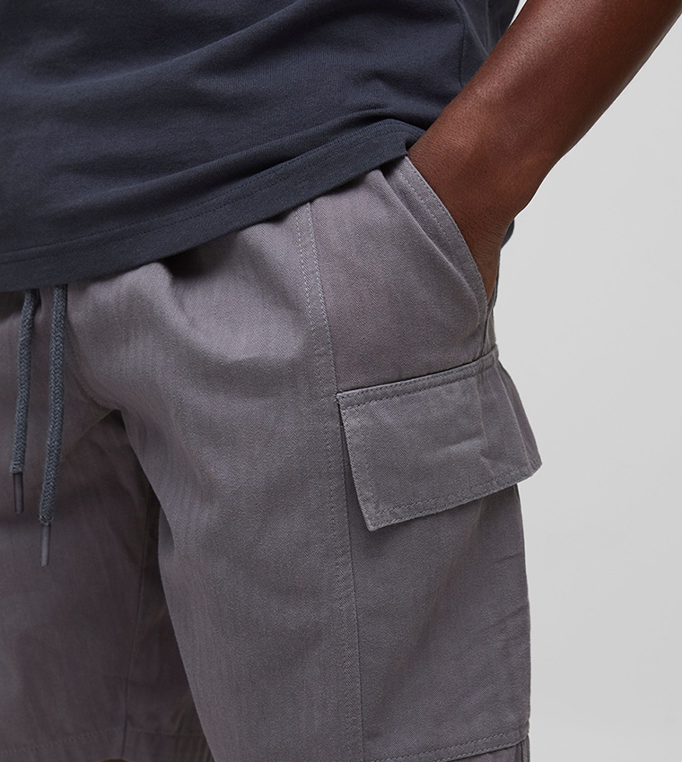 Baggy Herringbone Washed Twill Long Cargo Shorts