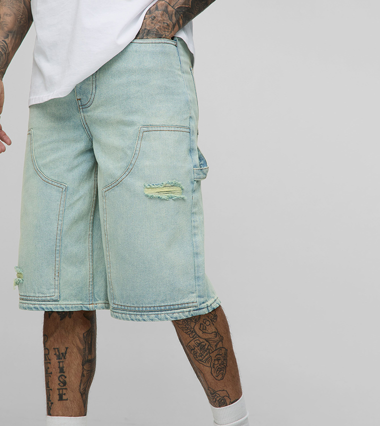 Plus & Tall Relaxed Fit Bleach Wash Distressed Carpenter Shorts