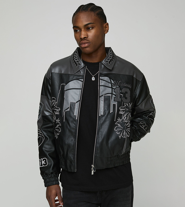 Buy BoohooMAN Worldwide Embroidered PU Badge Varsity Jacket In 