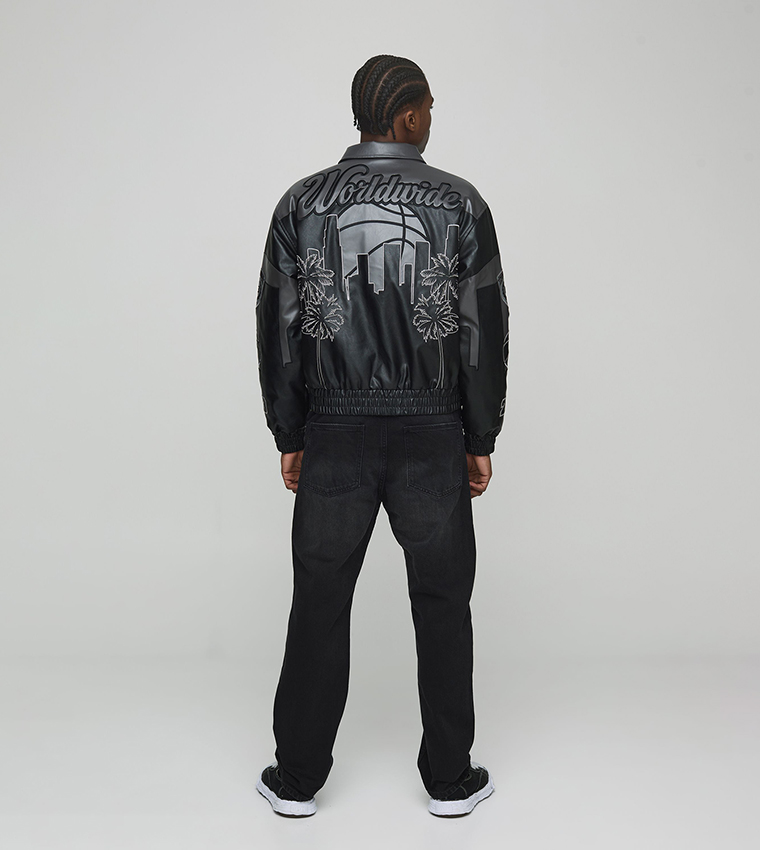 Buy BoohooMAN Worldwide Embroidered PU Badge Varsity Jacket In 