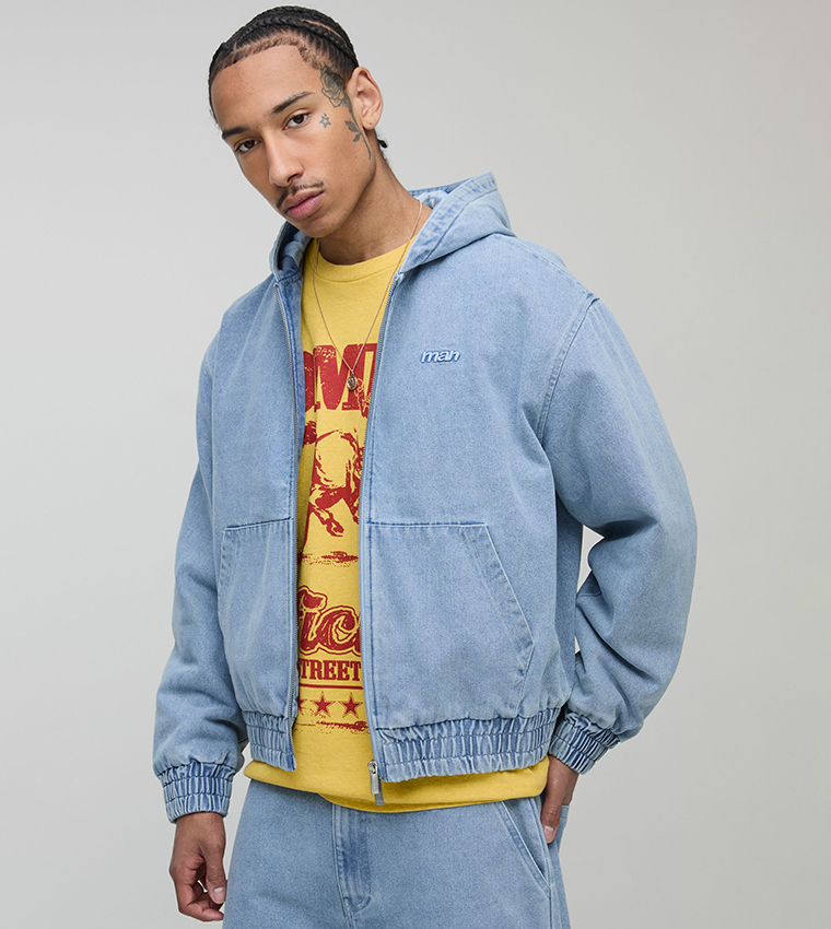 Boxy Fit Padded Hooded Bomber Denim Jacket