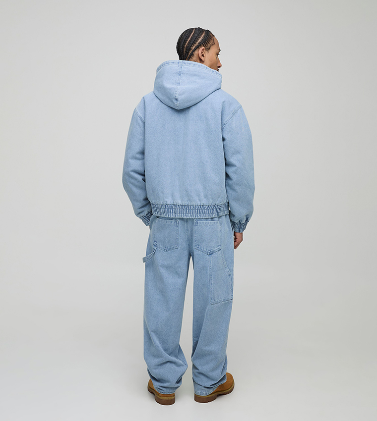 Boxy Fit Padded Hooded Bomber Denim Jacket