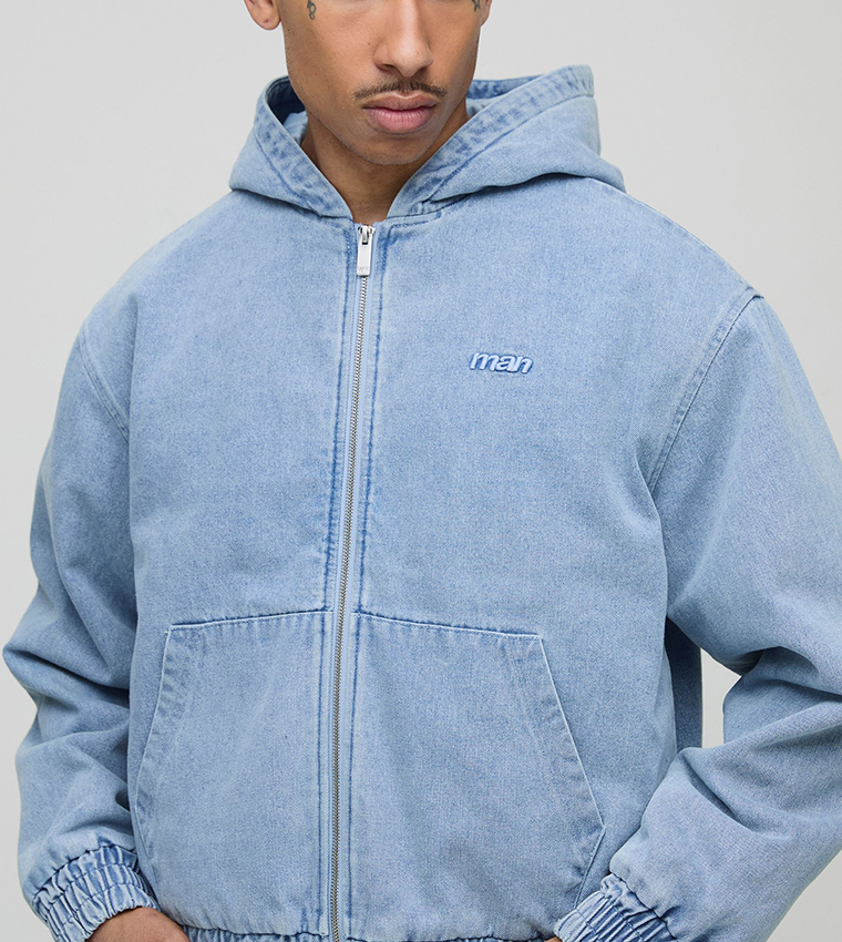 Boxy Fit Padded Hooded Bomber Denim Jacket