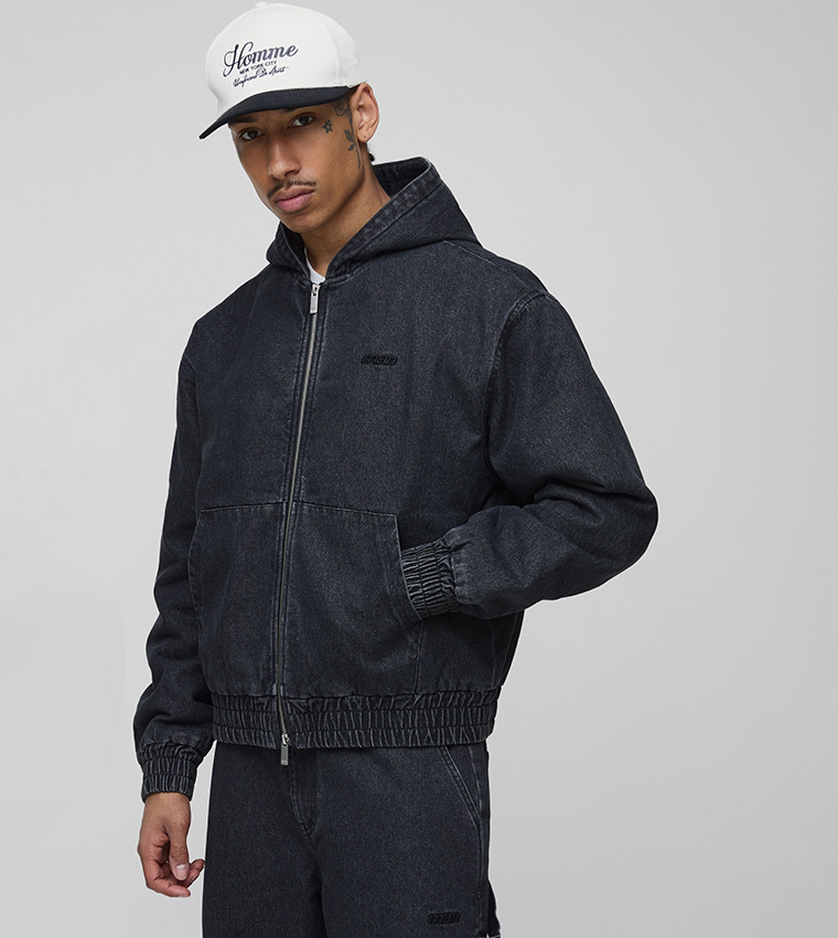 Washed Twill Hooded Boxy Fit Bomber Jacket