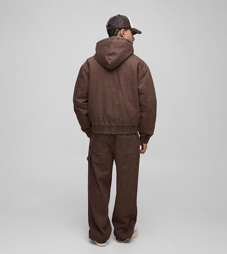 Washed Twill Hooded Boxy Fit Bomber Jacket