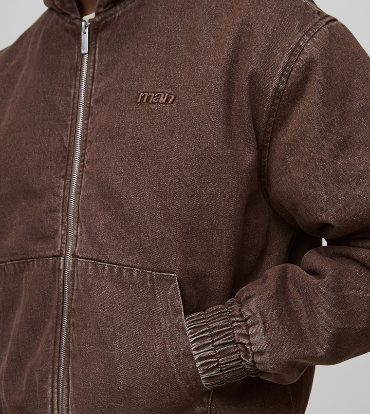 Washed Twill Hooded Boxy Fit Bomber Jacket