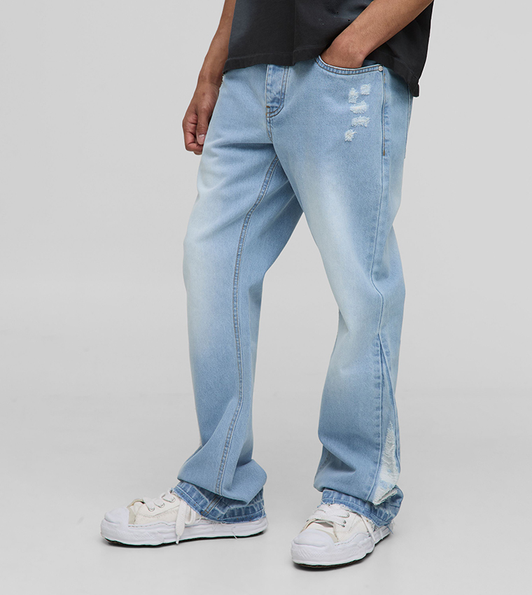 Washed Distressed Gusset Flared Jeans