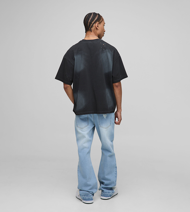 Washed Distressed Gusset Flared Jeans
