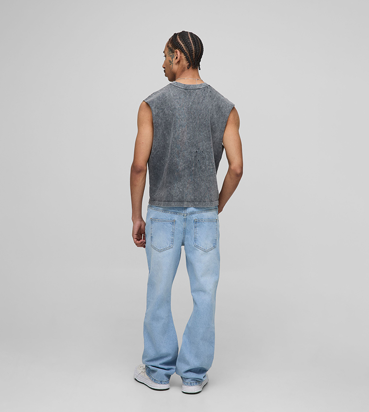 Distressed Cross Gusset Embroidered Flared Slim Fit Jeans