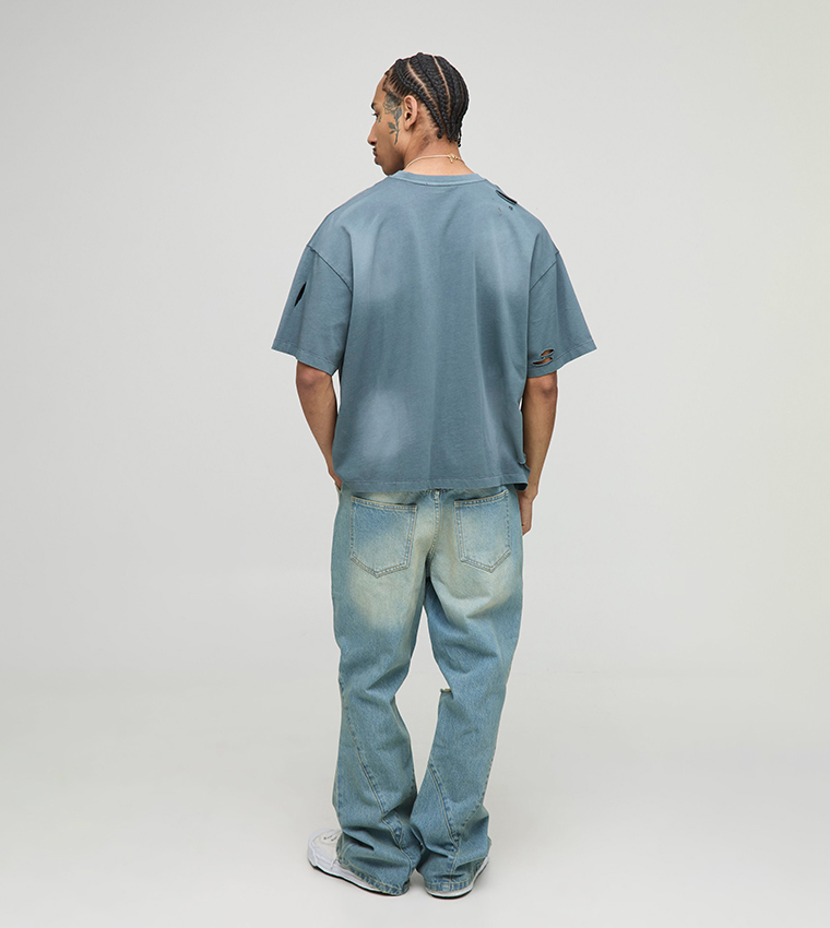 Relaxed Rigid Washed Ripped Paneled Flared Jeans