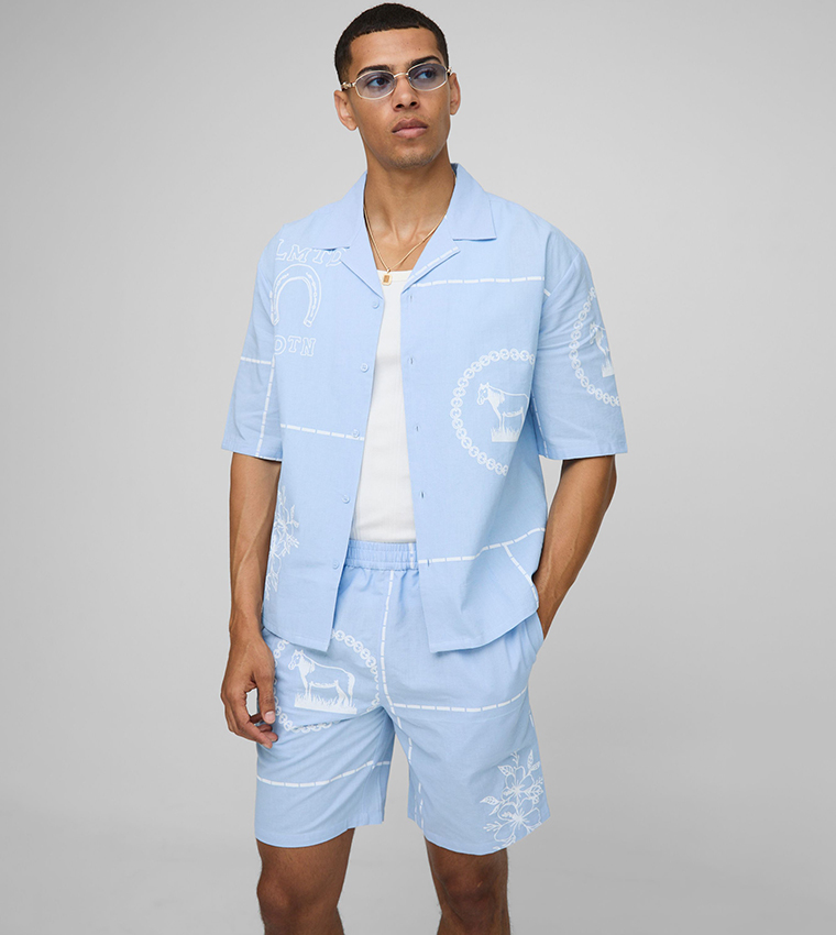 Western Print Revere Oversized Shirt and Shorts Set