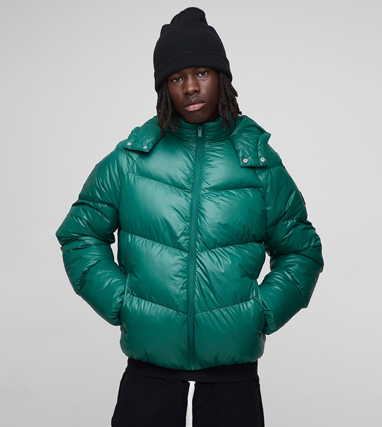 Regular Fit Sheen Panelled Hooded Funnel Puffer Jacket