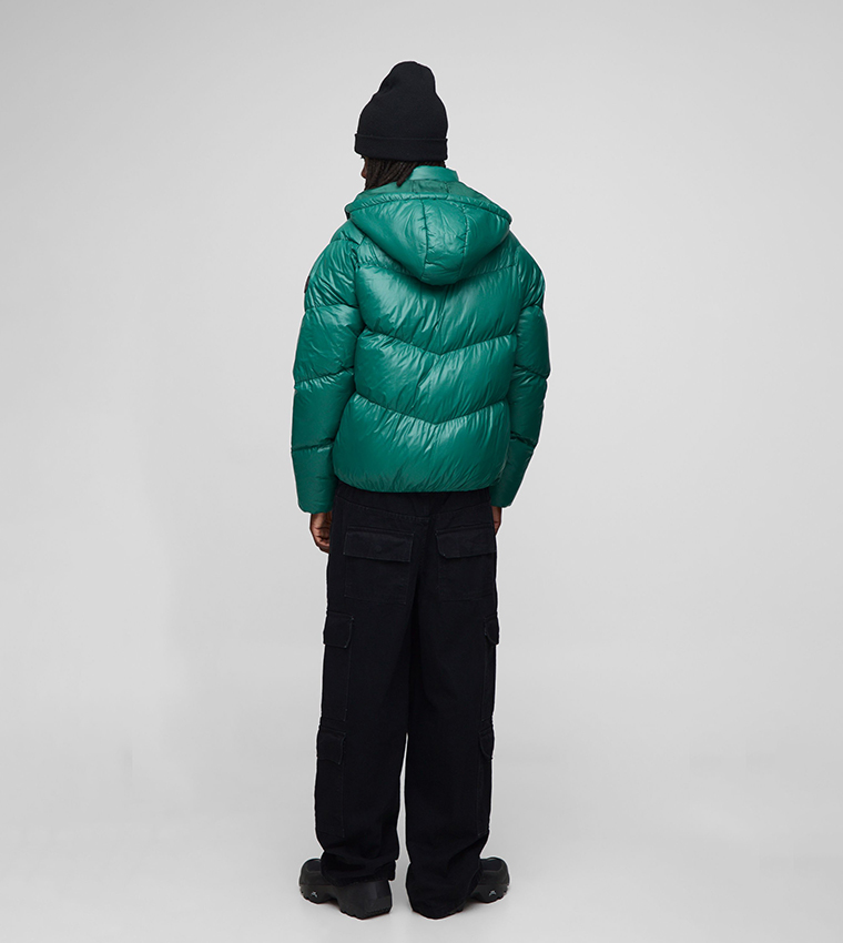 Regular Fit Sheen Panelled Hooded Funnel Puffer Jacket