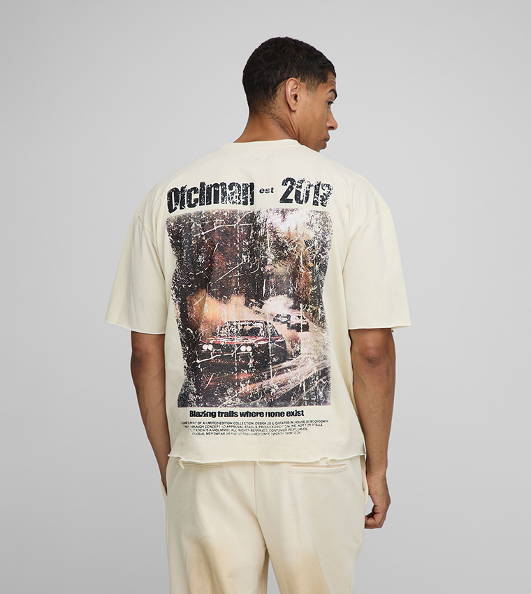 Vintage Car Graphic Raw Edge Oversized T-Shirt