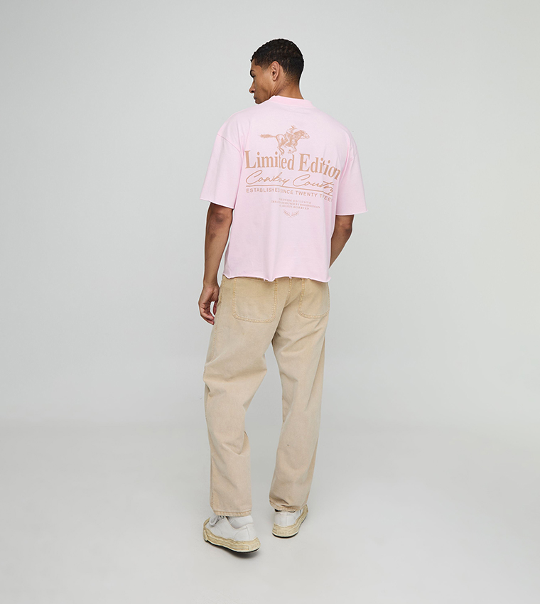 Extended Neck Distressed Western Graphic Oversized T-Shirt
