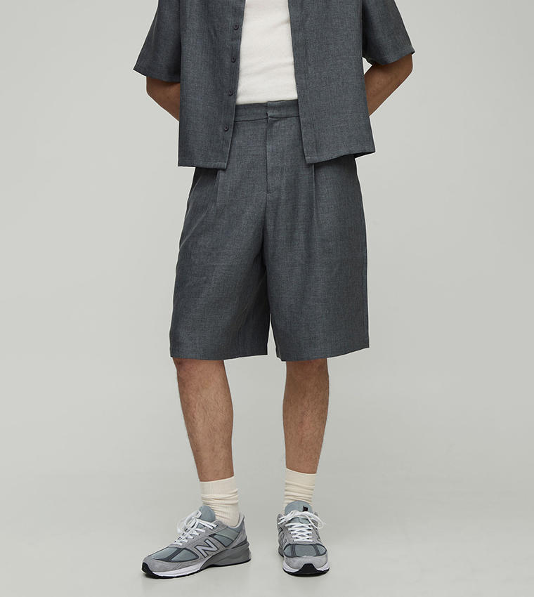 Wide Leg Textured Double Pleat Jort