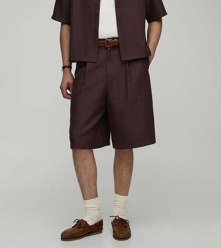 Wide Leg Textured Double Pleat Jort
