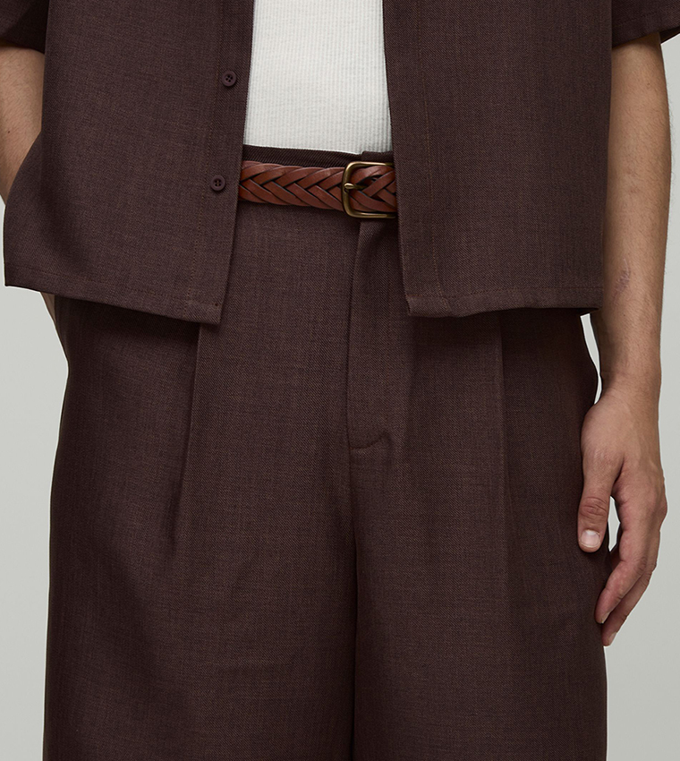 Wide Leg Textured Double Pleat Jort