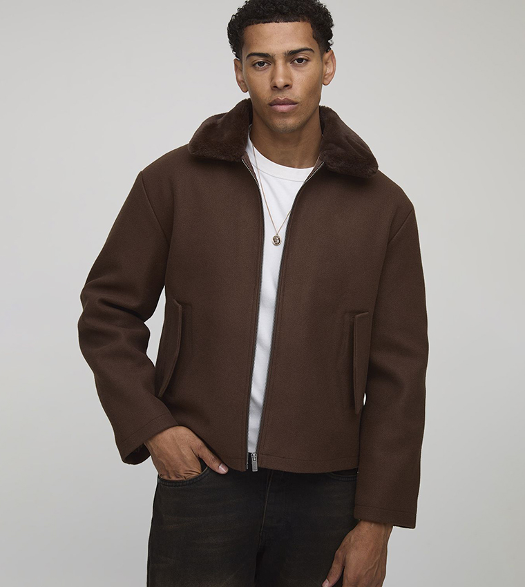 Buy BoohooMAN Faux Fur Collar Melton Harrington Jacket In Brown