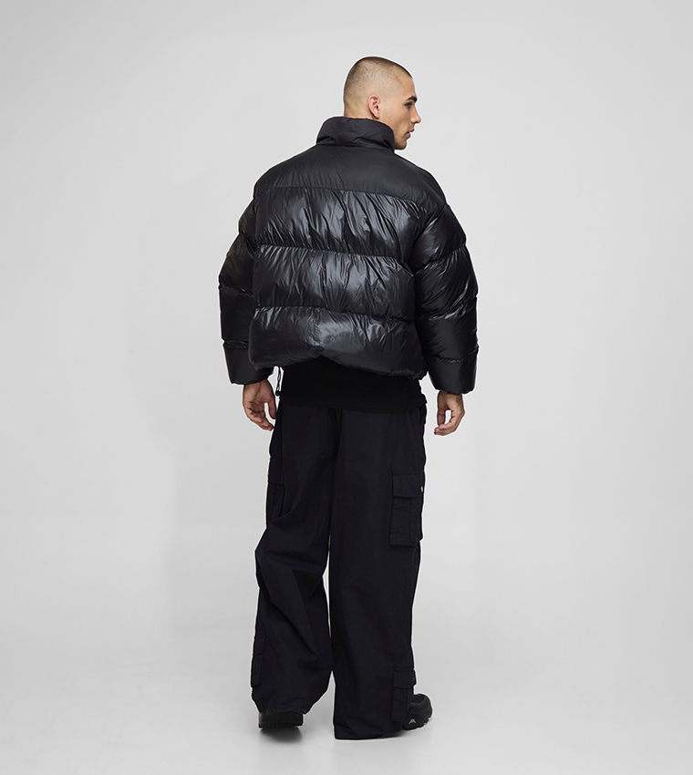 High Shine Nylon Boxy Fit High Neck Puffer Jacket