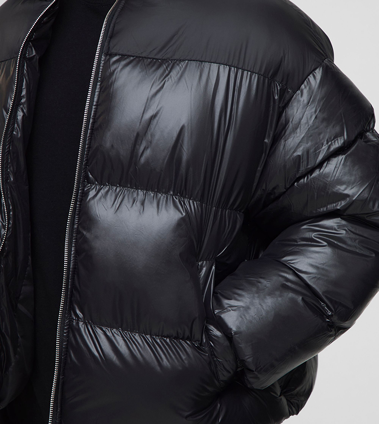 High Shine Nylon Boxy Fit High Neck Puffer Jacket