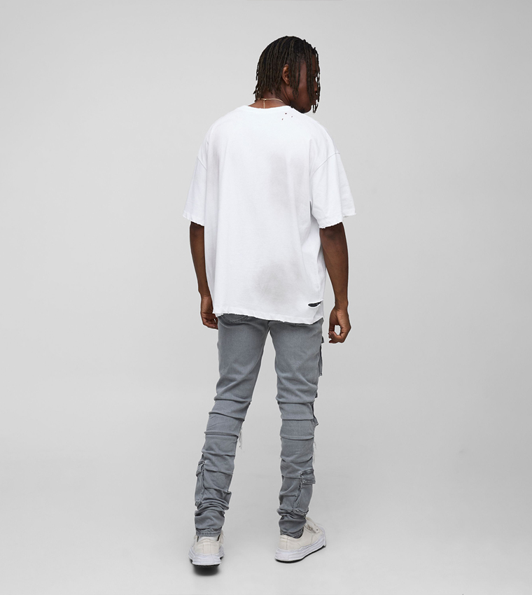 جينز كارغو نحيف مغسول ممزق ومجدد للمقاسات الكبيرة والطويلة