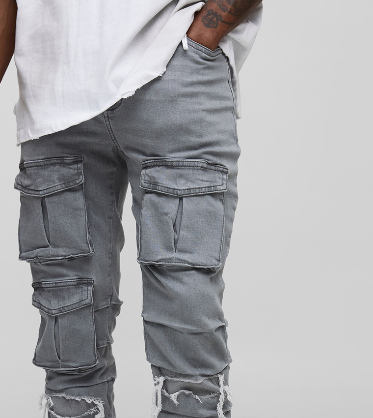 جينز كارغو نحيف مغسول ممزق ومجدد للمقاسات الكبيرة والطويلة