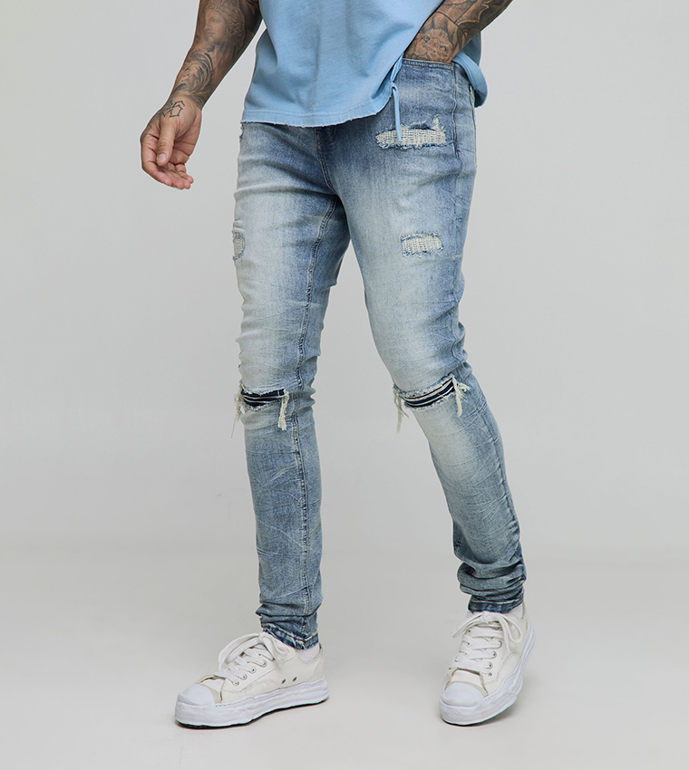 Tall Acid Wash Rip & Repair Stacked Skinny Fit Jeans
