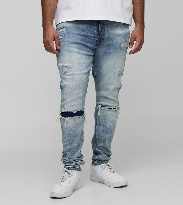 Plus & Tall Acid Wash Rip & Repair Stacked Skinny Fit Jeans