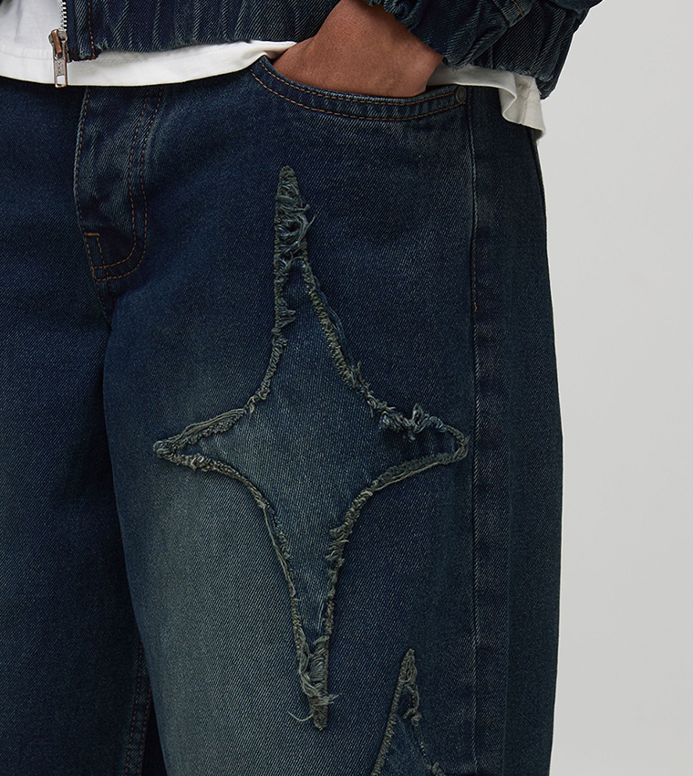Star Appliqued Washed Baggy Fit Jeans