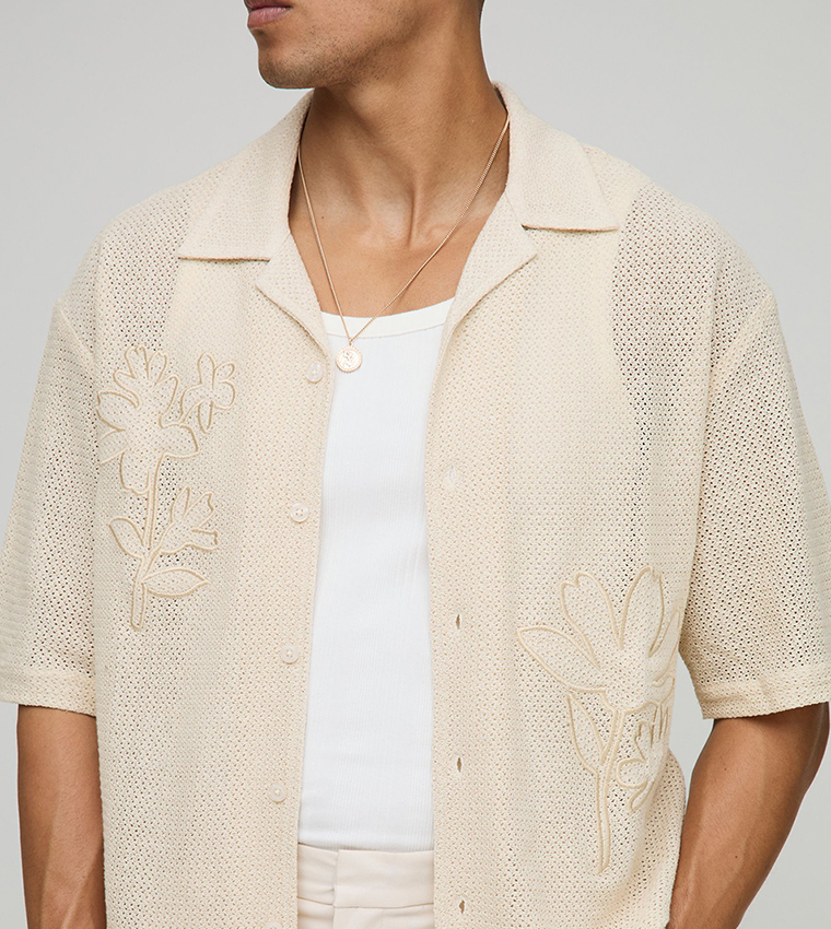 Crochet Appliqued Revere Oversized Shirt