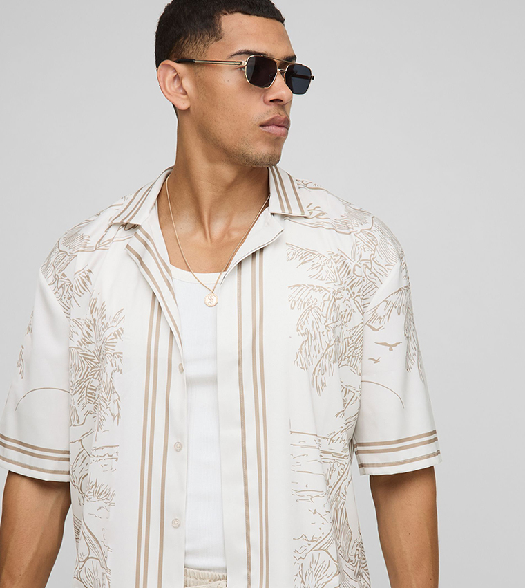 Landscape Print Satin Oversized Shirt