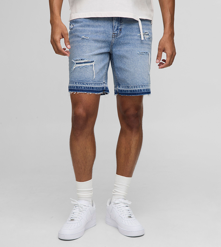 Slim Fit Let Down Hem Ripped Denim Shorts