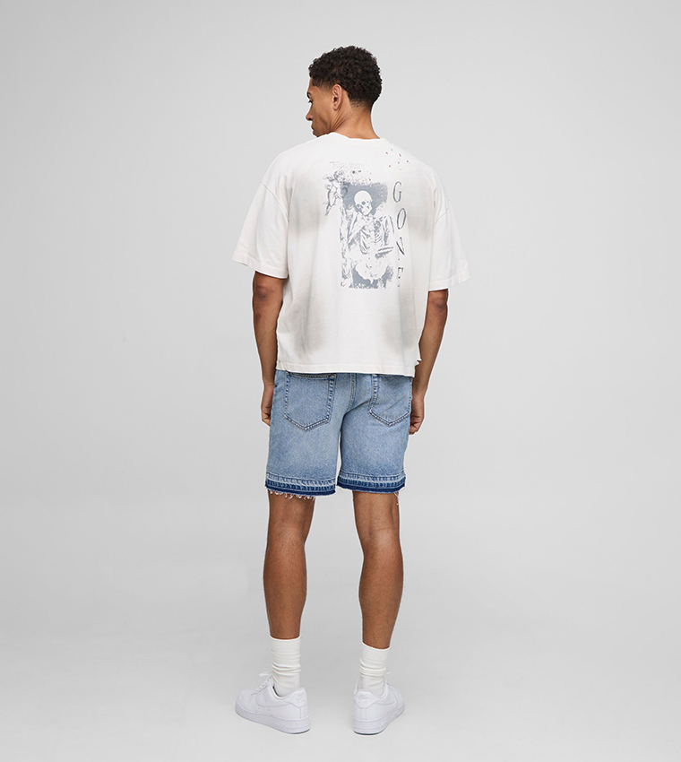Slim Fit Let Down Hem Ripped Denim Shorts