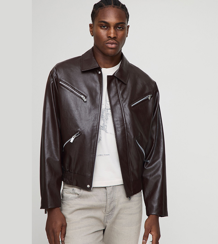 Boxy Fit Zip Detail PU Collared Bomber Jacket
