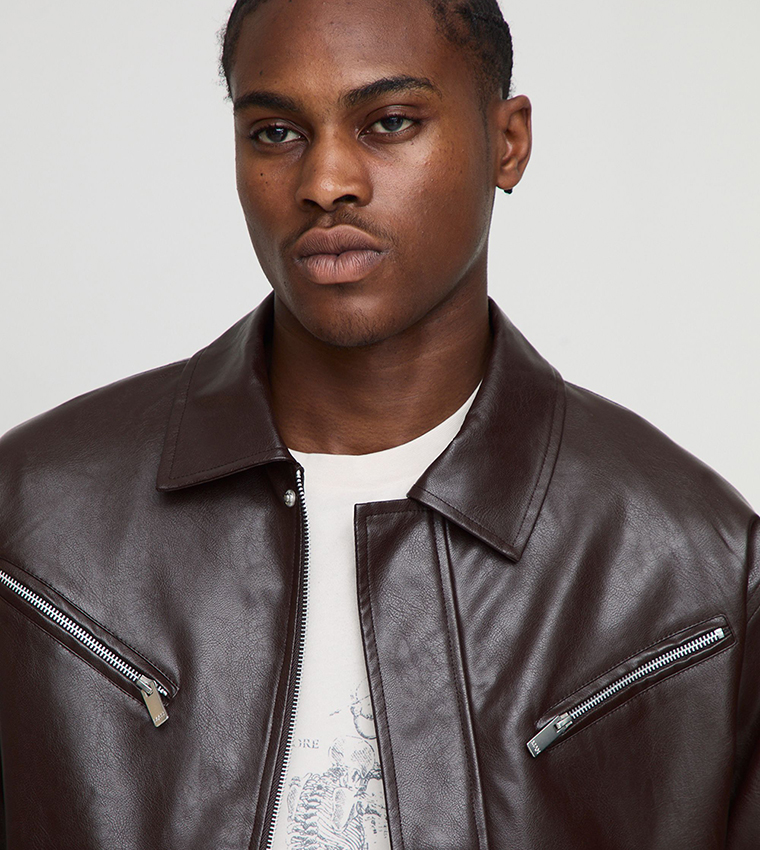Boxy Fit Zip Detail PU Collared Bomber Jacket